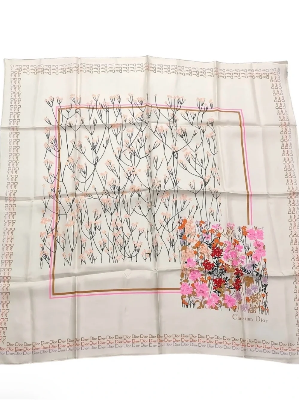 Dior Cream Floral Silk Scarf with Pink and Orange Accents